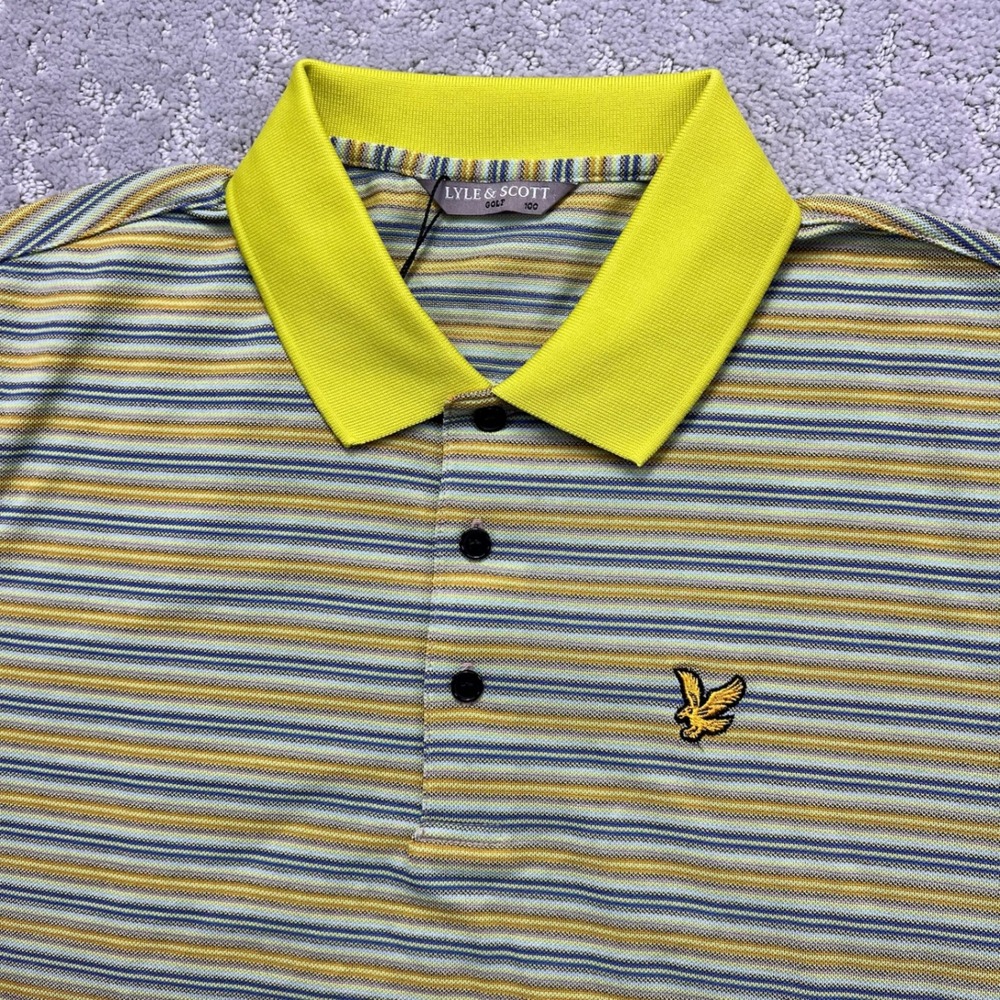 Lyle & Scott Polo Shirt Mens Medium 100 Yellow Green Striped Stretch Golf BNWT